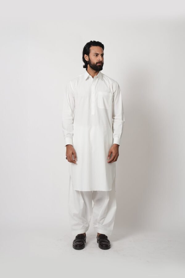SHALWAR KAMEEZ WHITE (collar gol daman) - Image 2